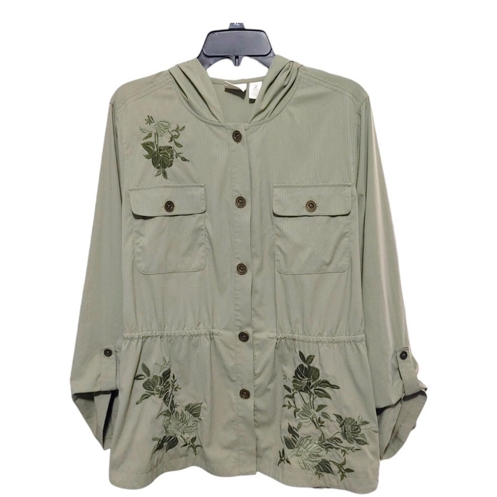 ZENERGY BY CHICO’s | Women's Green Lightweight Embroidered Floral Hooded Jacket